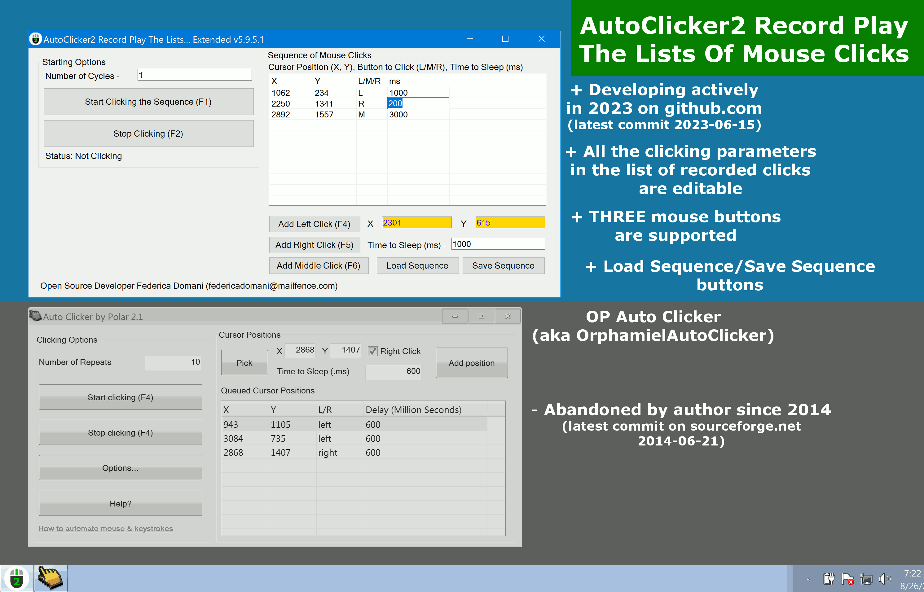 AutoClicker2Ex Record Play The Lists Of Mouse Clicks version 5.9.5.1 vs. Op AutoClicker (aka OrphamielAutoClicker) - Group Clicking Mode.