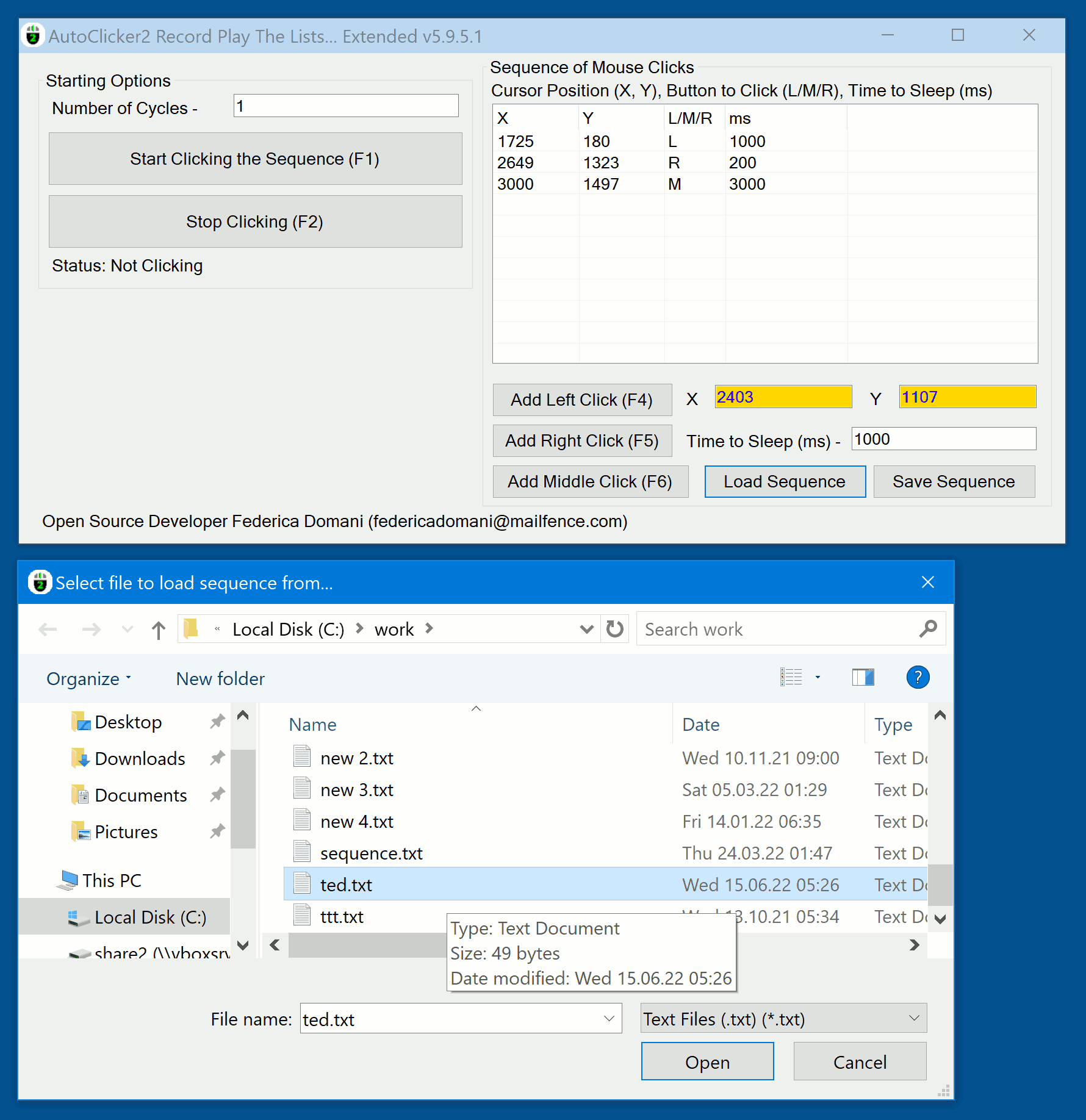 AutoClicker2Ex Record Play The Lists Of Mouse Clicks version 5.9.5.1 - Sequence of mouse clicks recorded and loaded from a text file.